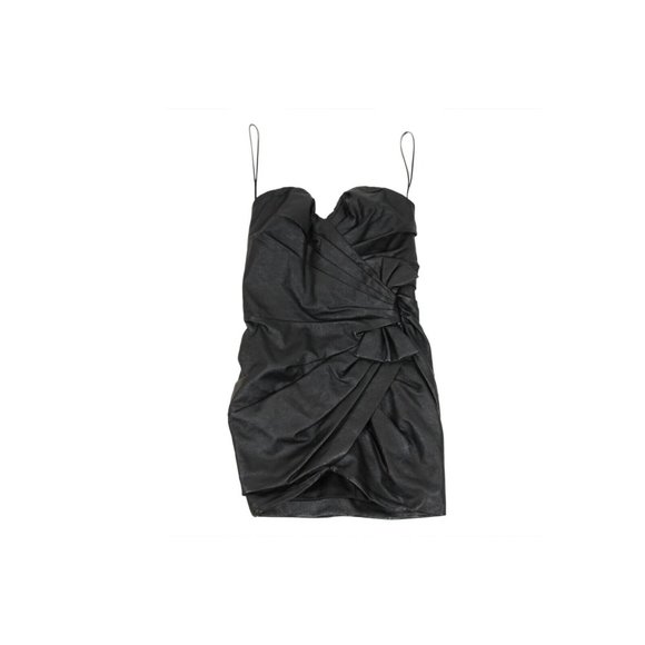 Saint Laurent Womens Strapless Mini Dress Size 38 Black Leather Side Bow Ruffled - Picture 12 of 13